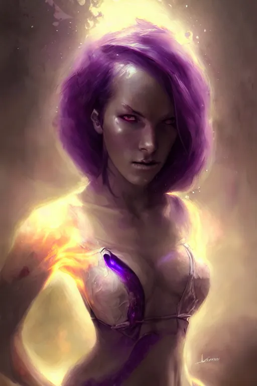 Image similar to character art by bastien lecouffe - deharme, young woman, purple hair, glowing purple eyes