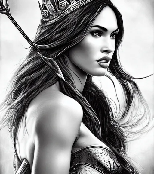 Image similar to portrait of megan fox as beautiful aphrodite goddess as an archer, arrow crown, beautiful piercing eyes, flowing blonde hair, realistic face, black and white drawing, in the style of greg rutkowski, fantasy, amazing detail, epic, intricate, elegant, smooth, sharp focus