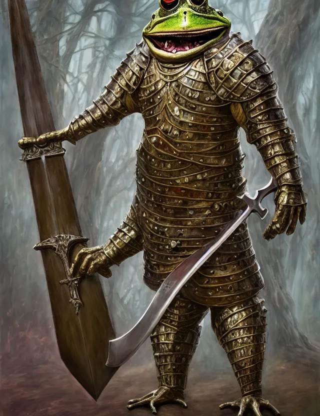 Image similar to anthropomorphic bipedal frog that is dressed as a medieval knight, and holding a colossal sword, as a matte oil painting, d & d character reveal, by alex grey, standing, fullbody, ornate, gems, ectoplasm, knickknacks, mystic, concept art, award - winning, extremely detailed, sharp focus