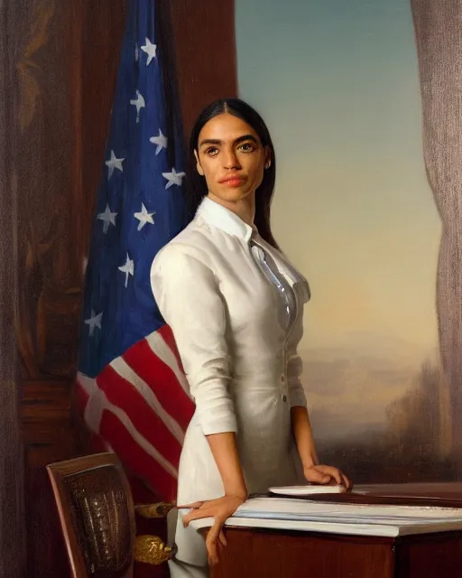 Prompt: close - up portrait of the united states president, alexandria ocasio - cortez, standing at the resolute desk, 1 8 4 8, attractive, oil on canvas by william sidney mount, trending on artstation, national archives