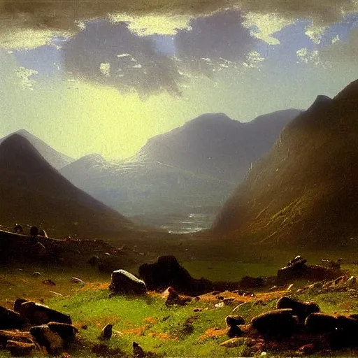 Image similar to painting of the mountains of mourne in ireland by albert bierstadt