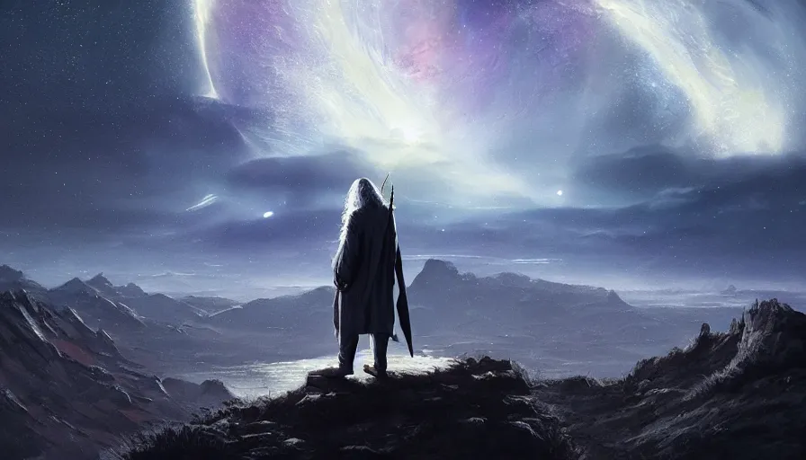 Image similar to a beautiful painting of gandalf watching the night sky of an alien world, ray traced lighting by jean kalin popov and greg rutkowski
