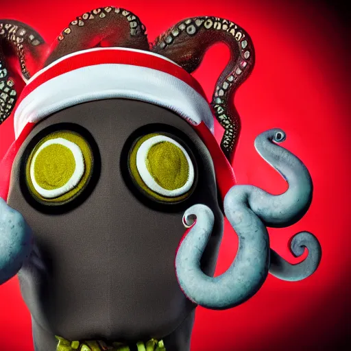 Image similar to portrait of an anthropomorphic octopus wearing a chef's toque, looking at the camera, sinister, studio lighting, low lighting, realistic photo