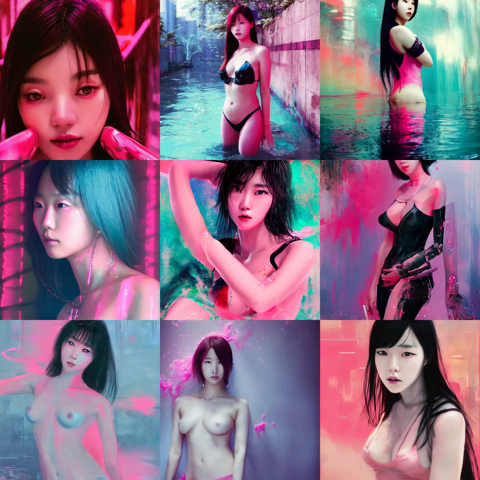 Prompt: lee jin - eun emerging from pink water in cyberpunk theme, frederick edwin church, rule of thirds, seductive look, beautiful