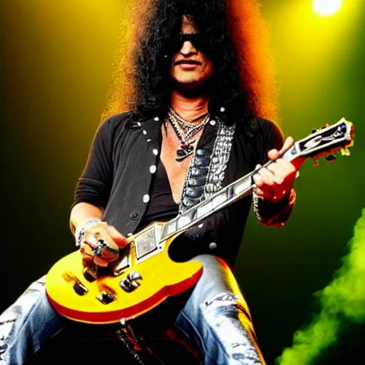 Image similar to A very cool picture of Slash from Guns n’ Roses playing guitar on his Les Paul