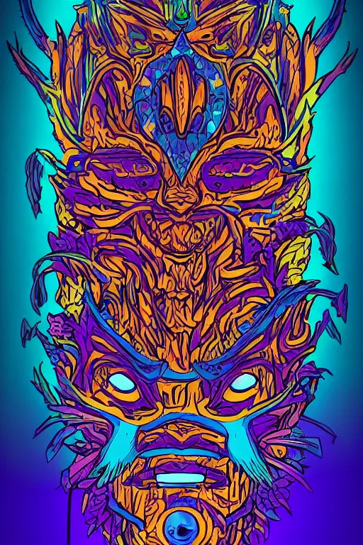 Image similar to animal mask totem roots flower tribal feather gemstone plant wood rock shaman vodoo video game vector cutout illustration vivid multicolor borderlands comics by josan gonzales and dan mumford radiating a glowing aura