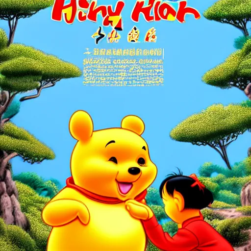 Image similar to Chinese propaganda poster of Winnie the pooh eating honey , high definition, 4k