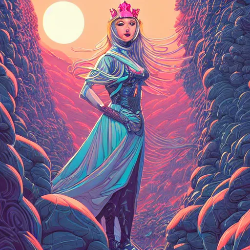 Prompt: ethereal cybernetic princess in the mountains, extremely detailed, sharp focus, wide view, full body shot, smooth, digital illustration, by dan mumford. james jean, by rossdraws, frank franzzeta, sakimichan