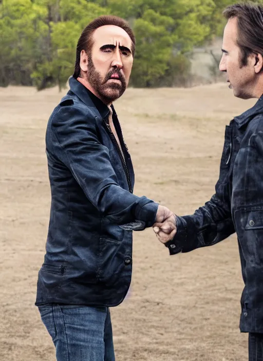 Image similar to portrait photo still of nicolas cage giving a handshake, 8 k, 8 5 mm, f. 1 4, beautiful composition