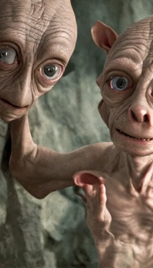 Image similar to dobby gollum testifying in court, cinema still