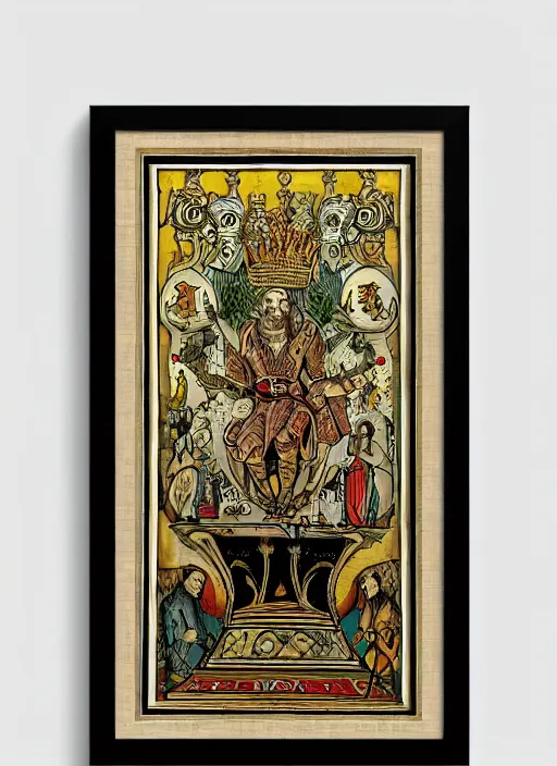 Image similar to sloth as the king of cups, framed, intricate details, medieval art style, high contrast, posterized