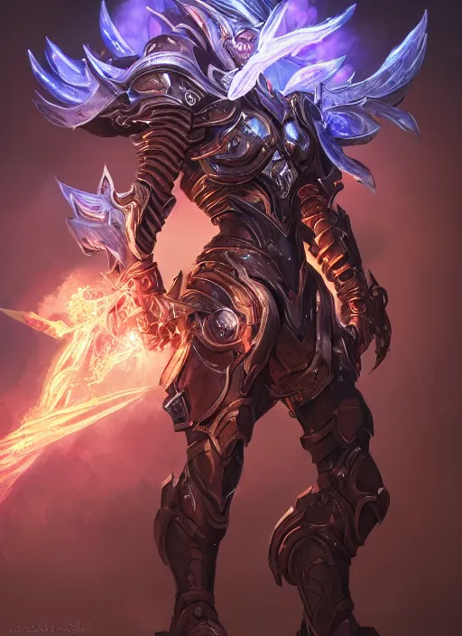 Image similar to a highly detailed illustration of cyber mechanical paladin with flaming plume, with arm blades, with light cracks throughout armor, dramatic charging pose, intricate, elegant, highly detailed, centered, digital painting, artstation, concept art, smooth, sharp focus, league of legends concept art, WLOP