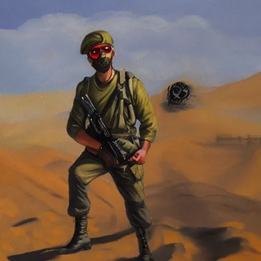 Prompt: a painting of an israeli solidier with sunglasses, a field cap, and a red ascot tie throwing a frag grenade in the desert high details