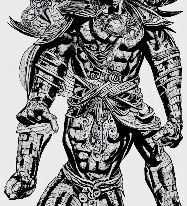 Image similar to full body pose, hd, manga anime portrait of an aztec god superhero, in ishikawa ken frank miller jim lee alex ross style detailed trending award winning on flickr artstation,