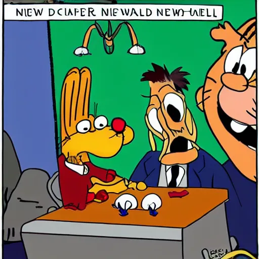 Image similar to garfield hanging out with jon stewart in the cartoon style of the new yorker