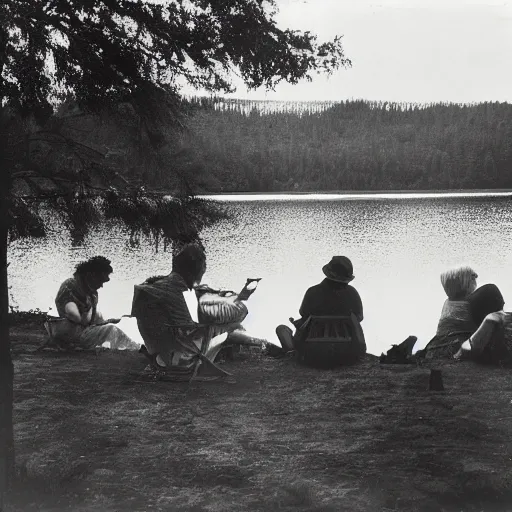 Image similar to photograph from the 5 0 s of people sitting by a lake in summer, degraded, aged, light leak