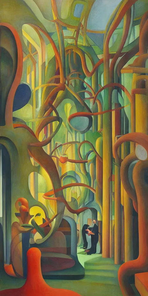 Image similar to fantastical biomorphic atrium, grant wood, pj crook, edward hopper, colorful, oil on canvas