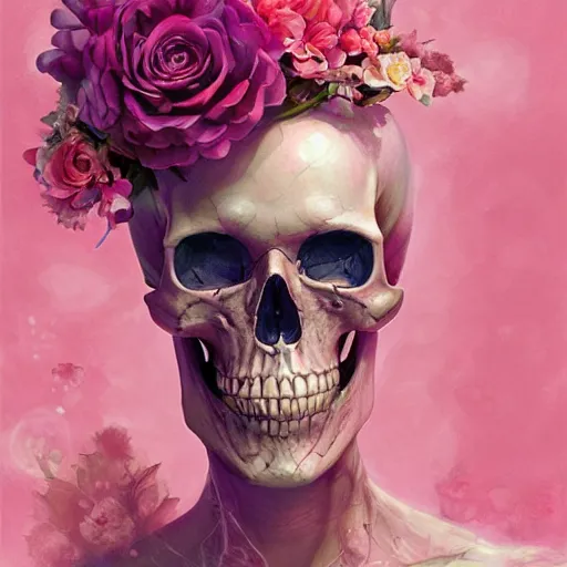 Image similar to Pink Death, skull, flowers, colorful, by Stanley Artgerm Lau, WLOP, Rossdraws, James Jean, Andrei Riabovitchev, Marc Simonetti, Yoshitaka Amano, ArtStation, CGSociety,