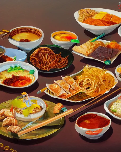 Image similar to a painting of a table full of korean foods, concept art by taro yamamoto, pixiv contest winner, auto - destructive art, official art, concept art, pixiv