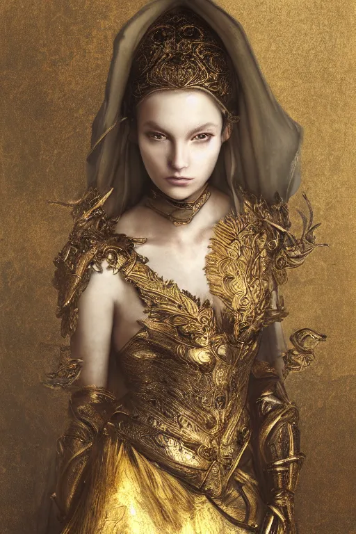 Prompt: portrait of a beautiful 20-year-old woman by Mario Testino, Dark Souls 3 themed, in style of Ruan Jia, insanely detailed and intricate, golden ratio, elegant, ornate, luxury, elite, matte painting, cinematic, cgsociety, James jean, Brian froud, ross tran, Laputa