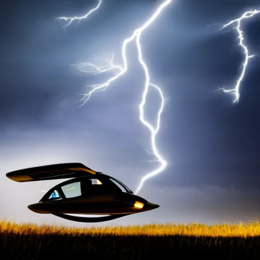 Image similar to futuristic flying car emerging from a circle of lightning in the sky, thunderstorm at night, 28mm dramatic photo