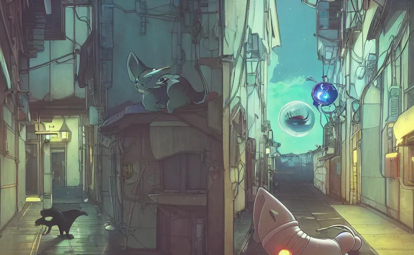 Prompt: an alien cat sleeping in a alleyway in a space opera utopian studio ghibli animated film, highly accurate cat, volumetric lighting, octane render by artgerm, alphonse mucha, loish, alena aenami, highly detailed