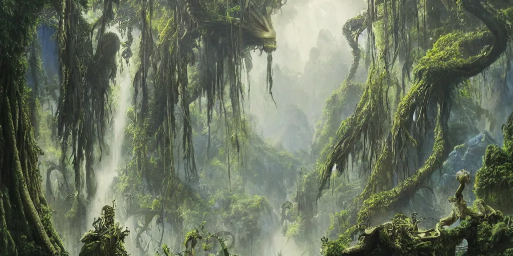 Prompt: realistic landscape painting of Pandora from Avatar 2009 film,with lots of Xenomorph aliens, high detail, fine art, creations of Gustave Dore and Gustave Courbet, trending on Foundation.
