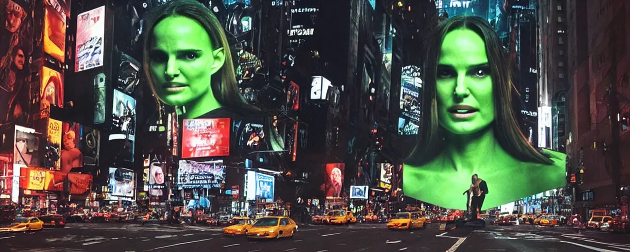 Image similar to “ the incredible hulk with the face of natalie portman, film still, studio lighting, on a busy street of new york city ”