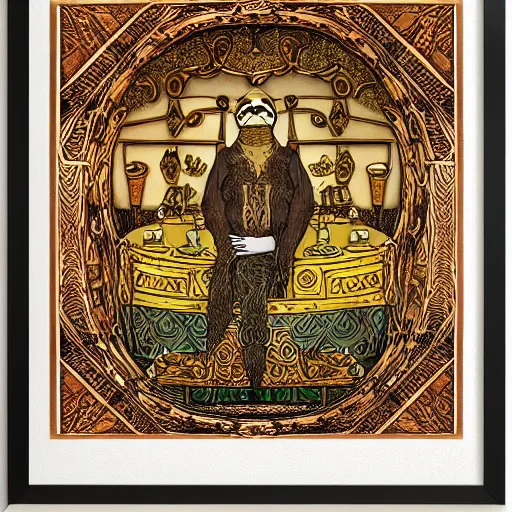 Image similar to sloth as the king of cups, copper cup, copper crown, poster framed, intricate details, medieval art style, high contrast, solarized