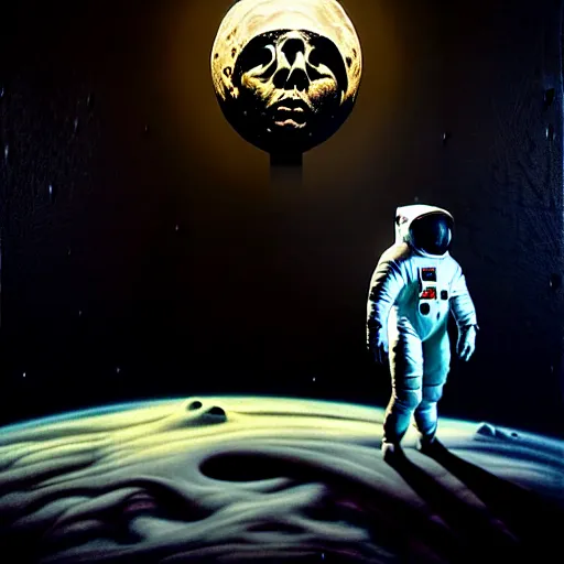 Prompt: full-body dark creepy baroque style oil painting realism a headless astronaut on the moon with futuristic elements. no head, empty helmet full-length view. standing on ancient altar eldritch energies lighting forming around disturbing frightening intricate artwork by caravaggio. Trending on artstation, cinematic lighting from the right, hyper realism, 8k, depth of field, 3D