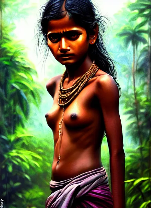 Image similar to photo of a sri lankan jungle girl in the style of stefan kostic, realistic, full body shot, sharp focus, 8 k high definition, insanely detailed, intricate, elegant, art by stanley lau and artgerm, dark, gloomy street background