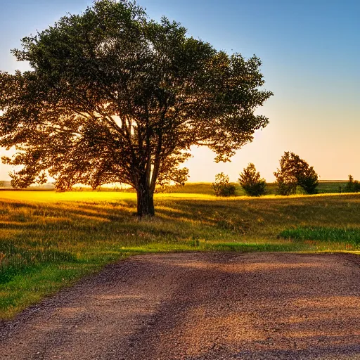 Prompt: summer, gravel country road, small hill, golden hour, trees on both sides, wooden posts, fields