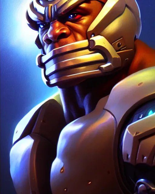 Image similar to doomfist from overwatch, fantasy, fantasy art, character portrait, portrait, close up, highly detailed, intricate detail, amazing detail, sharp focus, vintage fantasy art, vintage sci - fi art, radiant light, caustics, by boris vallejo