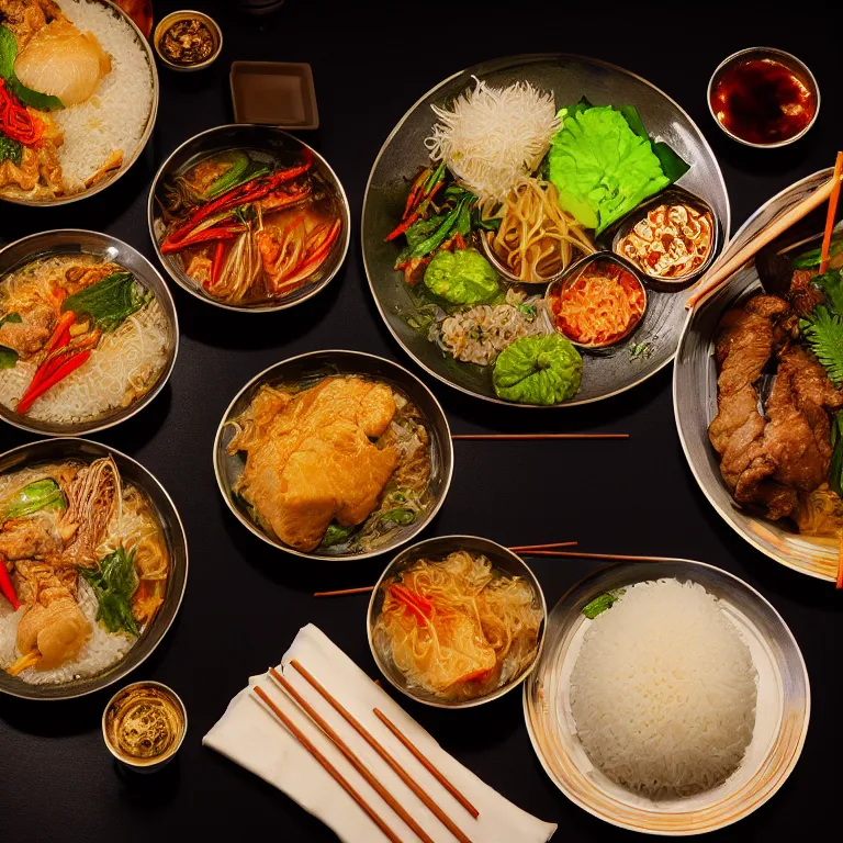 Prompt: close - up focused dslr photograph of a laos dinner, 8 k, high detail, volumetric lighting, hyperrealism, aesthetically pleasing, studio lighting, trending