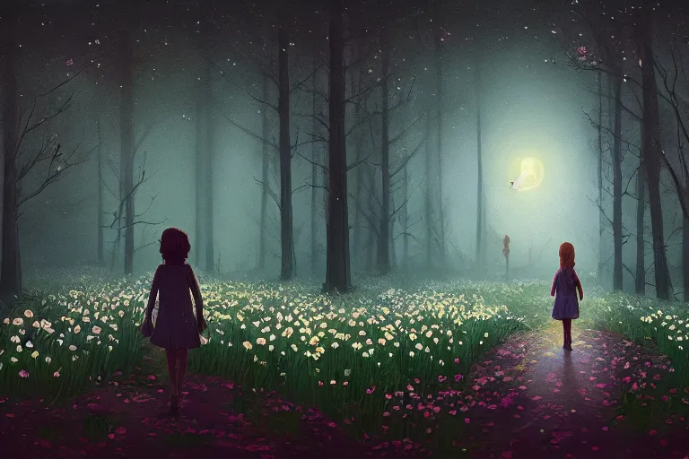 Image similar to giant bunch of daisy flowers head, girl walking in dark forest, surreal photography, dark night, stars, moon light, impressionist painting, clouds, digital painting, artstation, simon stalenhag