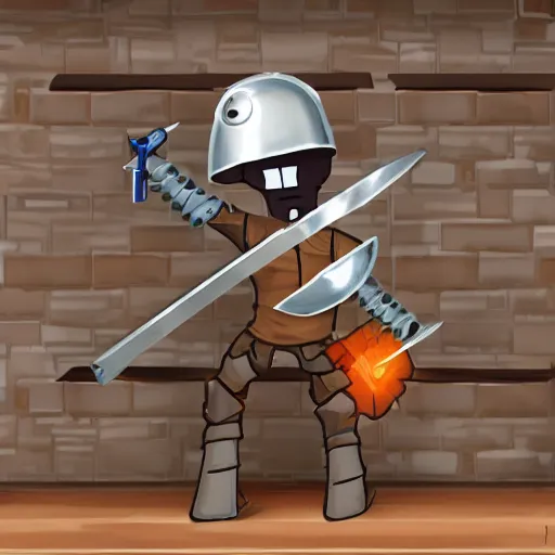 Image similar to cardboard boxman with cardboard armor, wielding a cardboard sword inside a kitchen, cabinets, stove