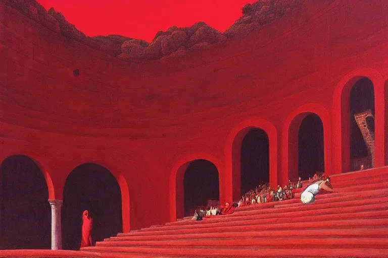 Image similar to only with red, a red great emperor, taormina amphitheatre, crowd with big smile, in the style of beksinski, parts by edward hopper, parts by rodcenko, parts by yue minjun, intricate and epic composition, red by caravaggio, insanely quality, highly detailed, masterpiece, red light, artstation, 4 k