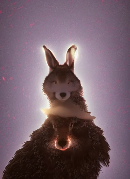 Image similar to A wolf in love with a rabbit, anime, detailed, symmetric lights and smoke, symmetrical composition, cinemática, hyper realism, 8k, octane render, 8k