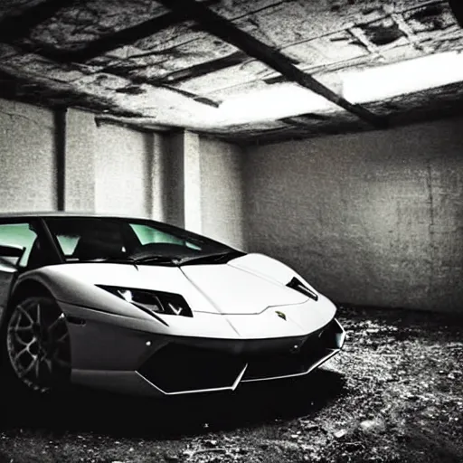 Prompt: grainy low quality photograph of a brand new lamborghini in a dark room in an abandoned house, only light source is the camera