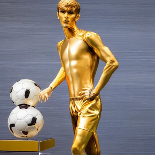 Prompt: a realistic detailed photo of a guy who is an attractive humanoid who is half robot and half humanoid, who is a male android, soccer players martin ødegaard, shiny skin, posing like a statue, blank stare, in a museum, on display, showing off his muscles, gold soccer shorts, ground view, porcelain statue