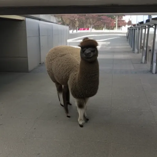 Image similar to security camera footage of an alpaca in a parking garage
