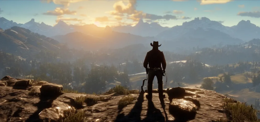 Image similar to Arthur Morgan from Red Dead Redemption 2 sitting at the top of a rocky mountain looking at a beautiful sunrise in the distance