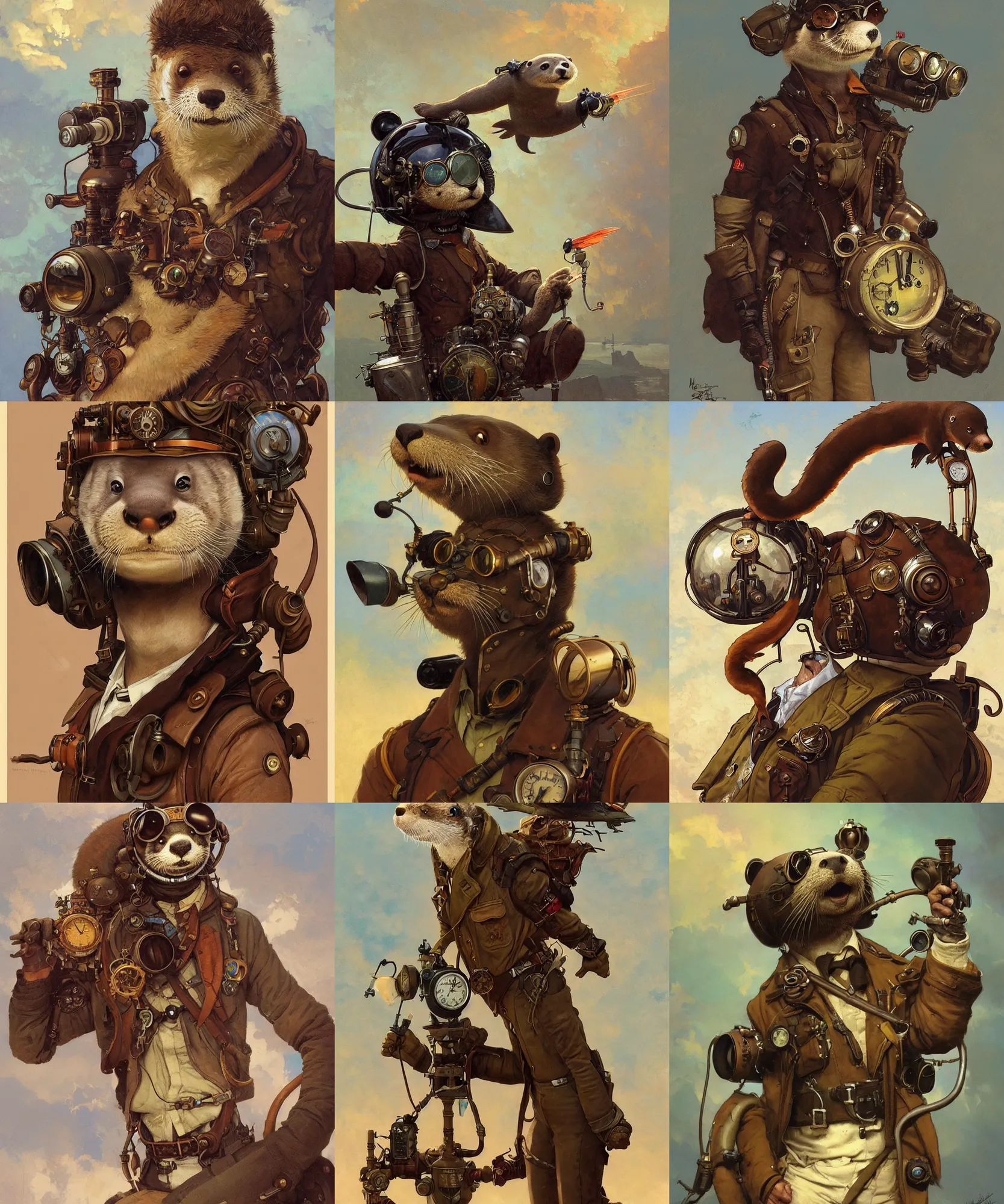 Prompt: anthropomorphic otter steampunk aviator pilot. renowned character illustration by greg rutkowski, thomas kindkade, alphonse mucha, loish, norman rockwell. trending on artstation. digital art.