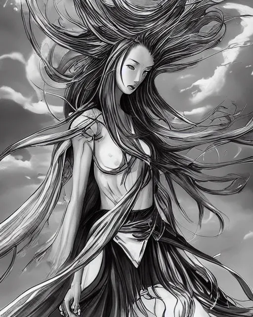 Image similar to Mind Flayers, wind-like hair, posing on a boat, black and white, fantasy art, ambient art, in the style of masami kurumada, illustration, epic, fantasy, intricate, hyper detailed, artstation, concept art, smooth, sharp focus, ray tracing