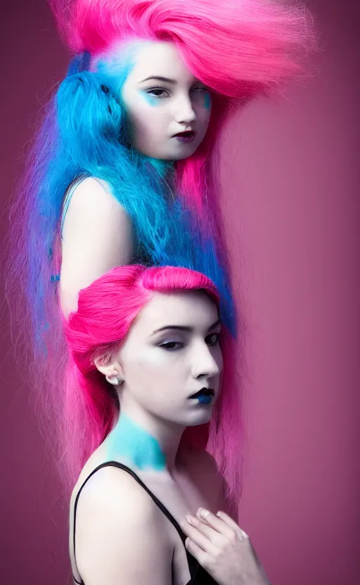 Prompt: a dramatic portrait photo of a beautiful young woman with cotton candy hair. with a little bit of cyan and pink