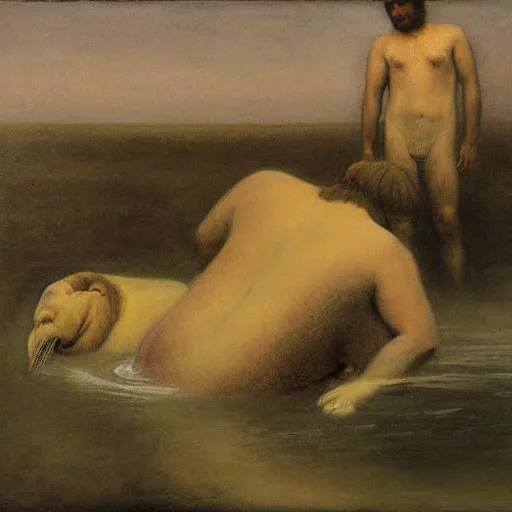 Prompt: the dream of the walrus and the swimmers in oslo, by odd nerdrum, oil on canvas, 1 9 8 3, high resolution