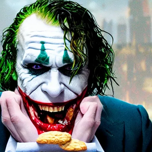 Prompt: cinematic shot of the joker biting into a flour biscuit, 8 k, very detailed, very intricate,