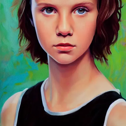 Prompt: Millie Bobby Brown portrait oil painting by zeenchin and ericanthonyj