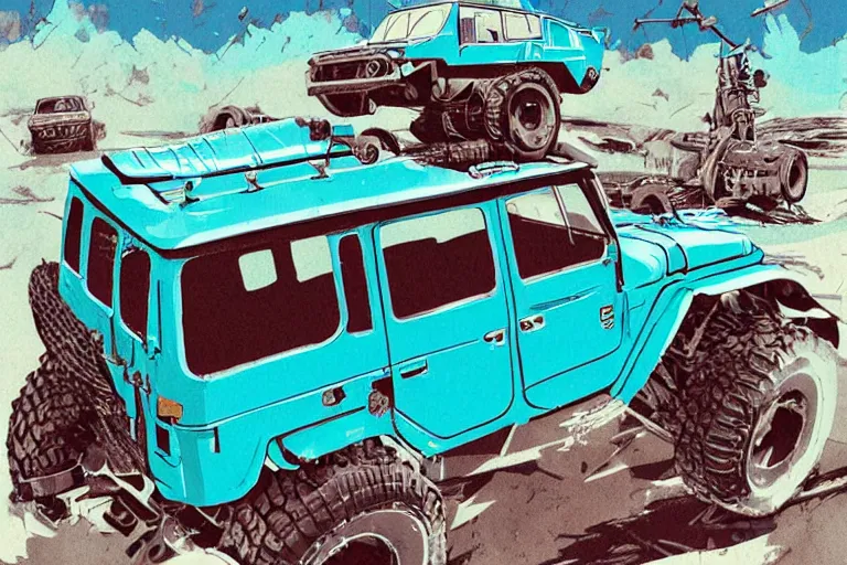 Image similar to digital illustration of a faded cyan mad max's fj 4 0 decrepit!!!! pursuit special, rusty!!! nissan fj cruiser heavily modded 1 9 9 0 s, the last v 8 interceptor by makoto shinkai, ilya kuvshinov, lois van baarle, rossdraws, basquiat