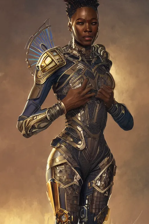 Image similar to ultra realistic illustration, wakandan warrior wearing cyberpunk steampunk dieselpunk style armor, sci - fi, fantasy, intricate, elegant, highly detailed, digital painting, artstation, concept art, smooth, sharp focus, illustration, art by artgerm and greg rutkowski and alphonse mucha